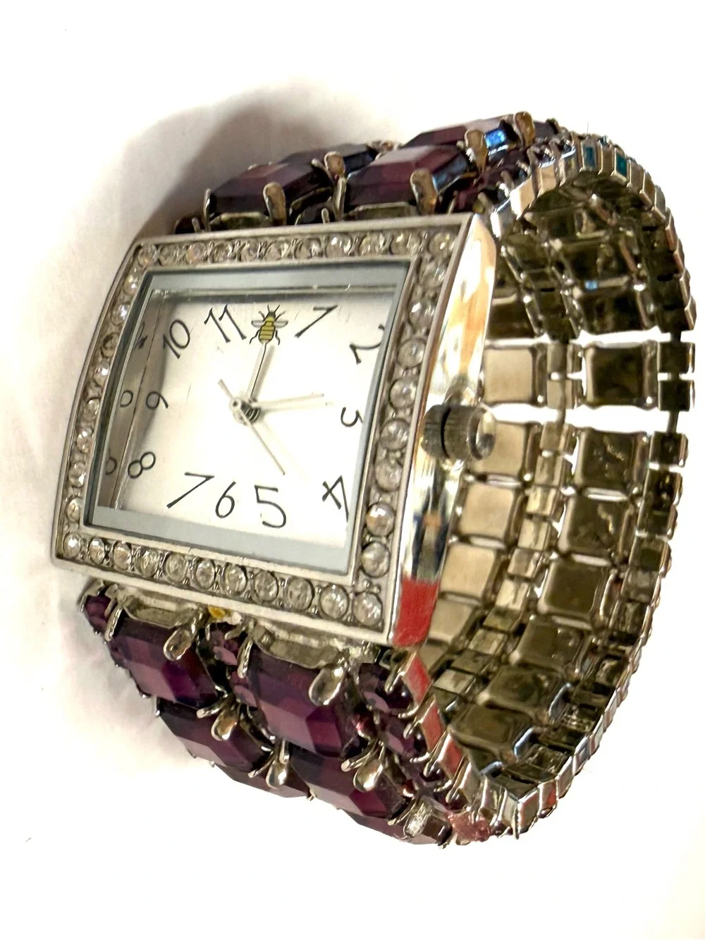Vintage Oui Art Bee Watch Purple AB Iridescent Crystal Rhinestone Stretch Cuff